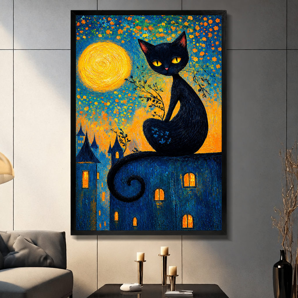 Van Gogh style oil painting of a black cat with glowing yellow eyes sitting on a rooftop under a swirling full moon with orange floral sky and glowing castle windows gothic cat wall art framed print dark panel wall living room