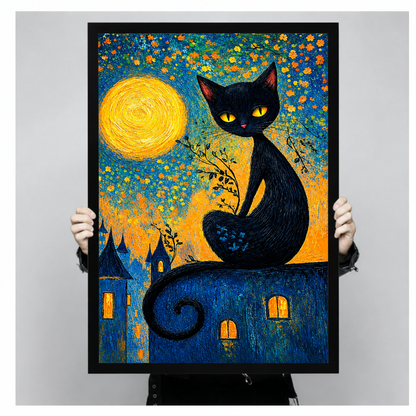 Van Gogh style oil painting of a black cat with glowing yellow eyes sitting on a rooftop under a swirling full moon with orange floral sky and glowing castle windows gothic cat wall art framed print held up