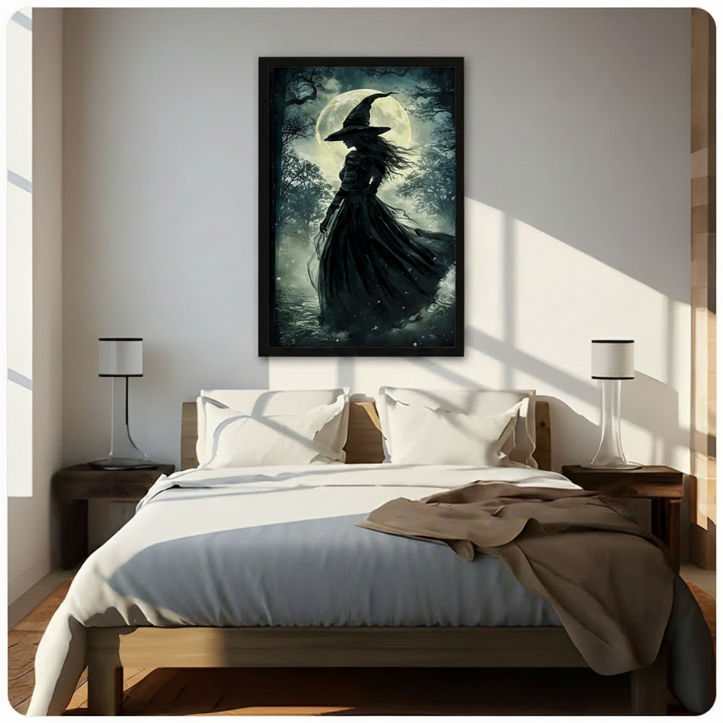 Gothic witch under moonlight framed art print above bed in sunlit modern bedroom, dark fantasy forest wall decor with dramatic atmosphere
