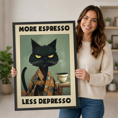 Woman holding a large framed black cat espresso art print showing actual size, funny coffee lover wall decor for home or office