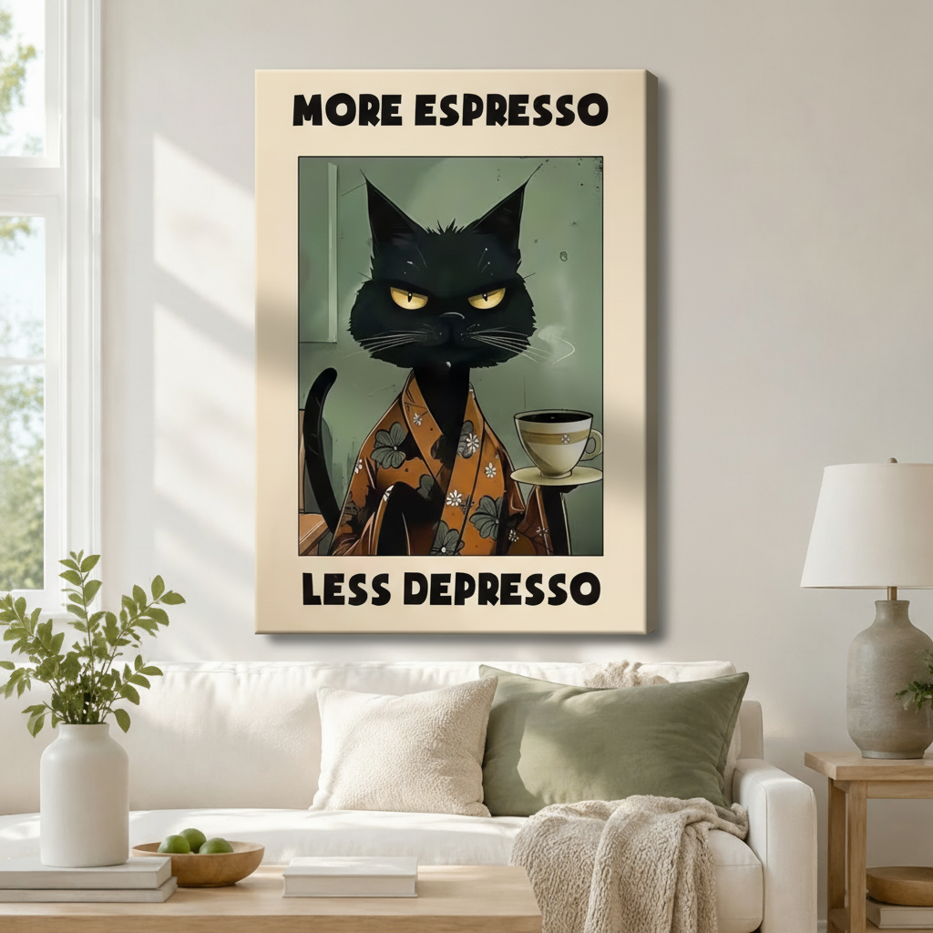 Gallery wrapped canvas print of a moody black cat holding espresso, displayed above a white linen sofa in a cozy modern living room