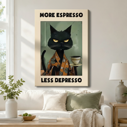 Gallery wrapped canvas print of a moody black cat holding espresso, displayed above a white linen sofa in a cozy modern living room
