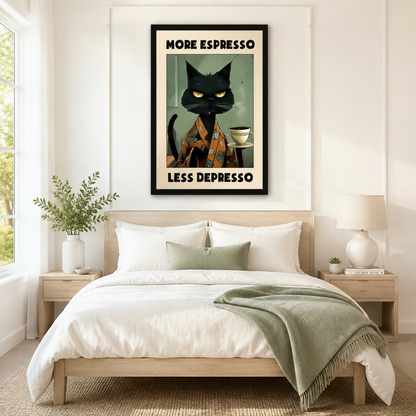 Framed black cat kimono espresso canvas art hung above a minimalist wooden bed with white bedding in a serene Scandinavian bedroom