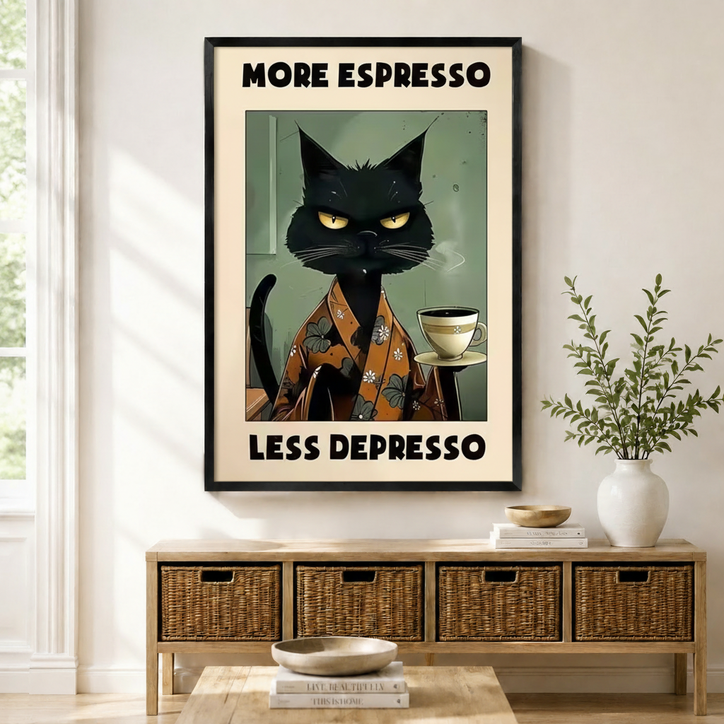 Framed canvas wall art featuring a grumpy black cat in kimono with espresso cup, hung above a wicker storage bench in a bright American entryway