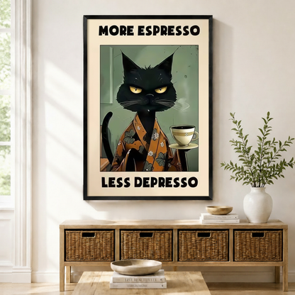 Framed canvas wall art featuring a grumpy black cat in kimono with espresso cup, hung above a wicker storage bench in a bright American entryway