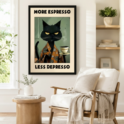 Black framed wall art print of a grumpy cat in floral kimono with coffee cup, styled beside a neutral armchair in a Scandinavian-inspired reading corner