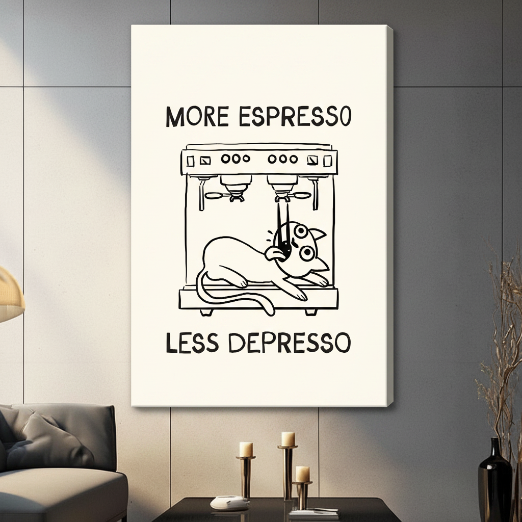 Unframed stretched canvas print of More Espresso Less Depresso humorous cat and espresso machine line art on a cream background hung in a contemporary grey living room