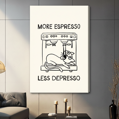 Unframed stretched canvas print of More Espresso Less Depresso humorous cat and espresso machine line art on a cream background hung in a contemporary grey living room