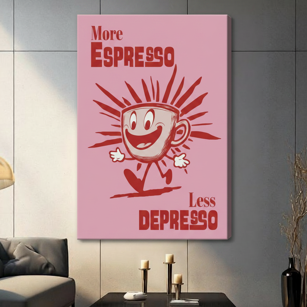 More Espresso Less Depresso pink canvas wall art with retro smiling coffee cup character