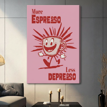 More Espresso Less Depresso pink canvas wall art with retro smiling coffee cup character