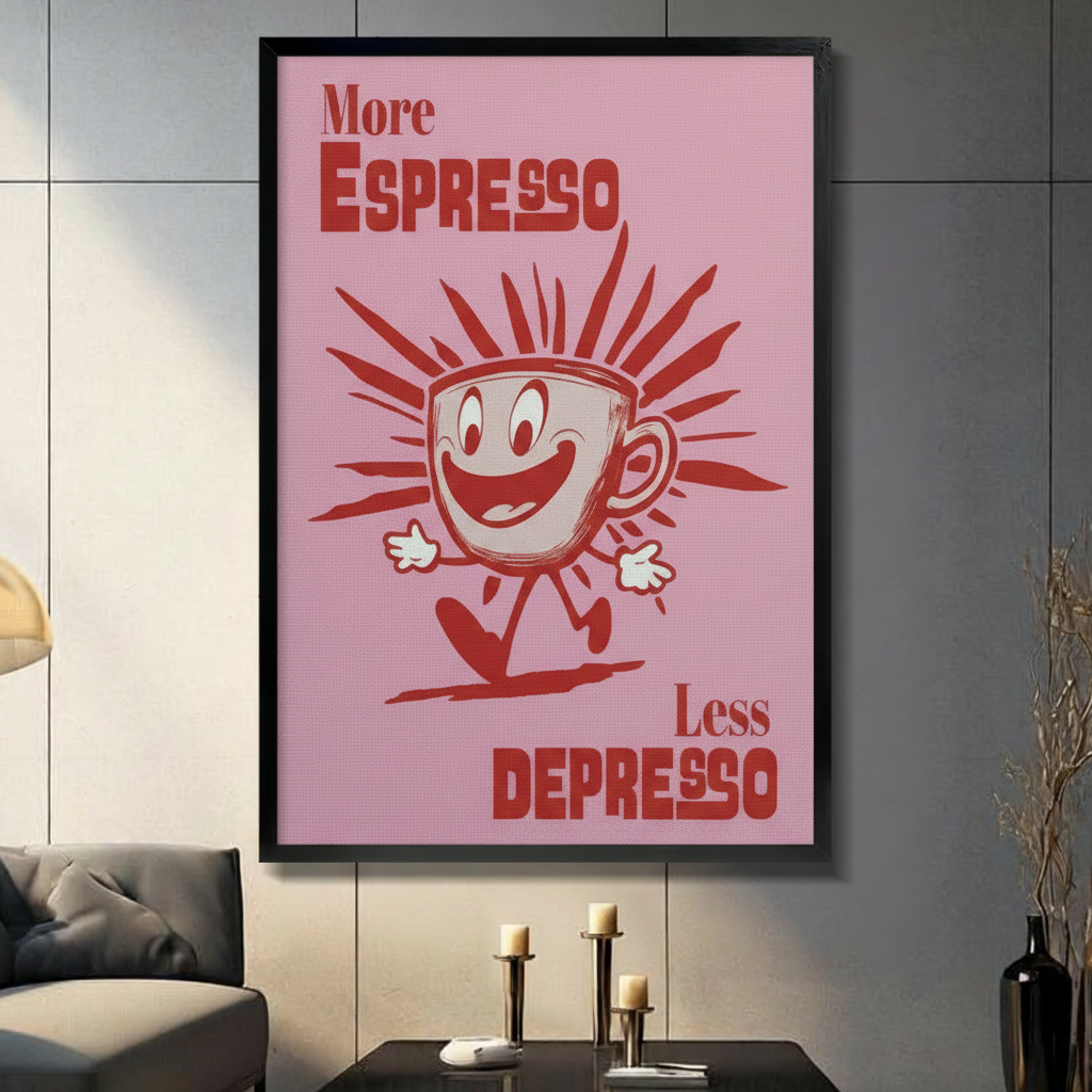 Close-up of More Espresso Less Depresso framed coffee art print with cheerful retro cup illustration on pink background