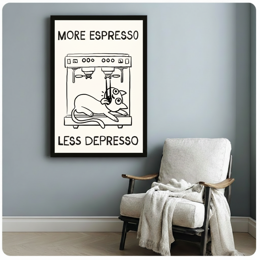Black framed funny cat espresso machine canvas art print with More Espresso Less Depresso quote in bold hand-lettered typography on a light blue-grey wall beside a white linen armchair