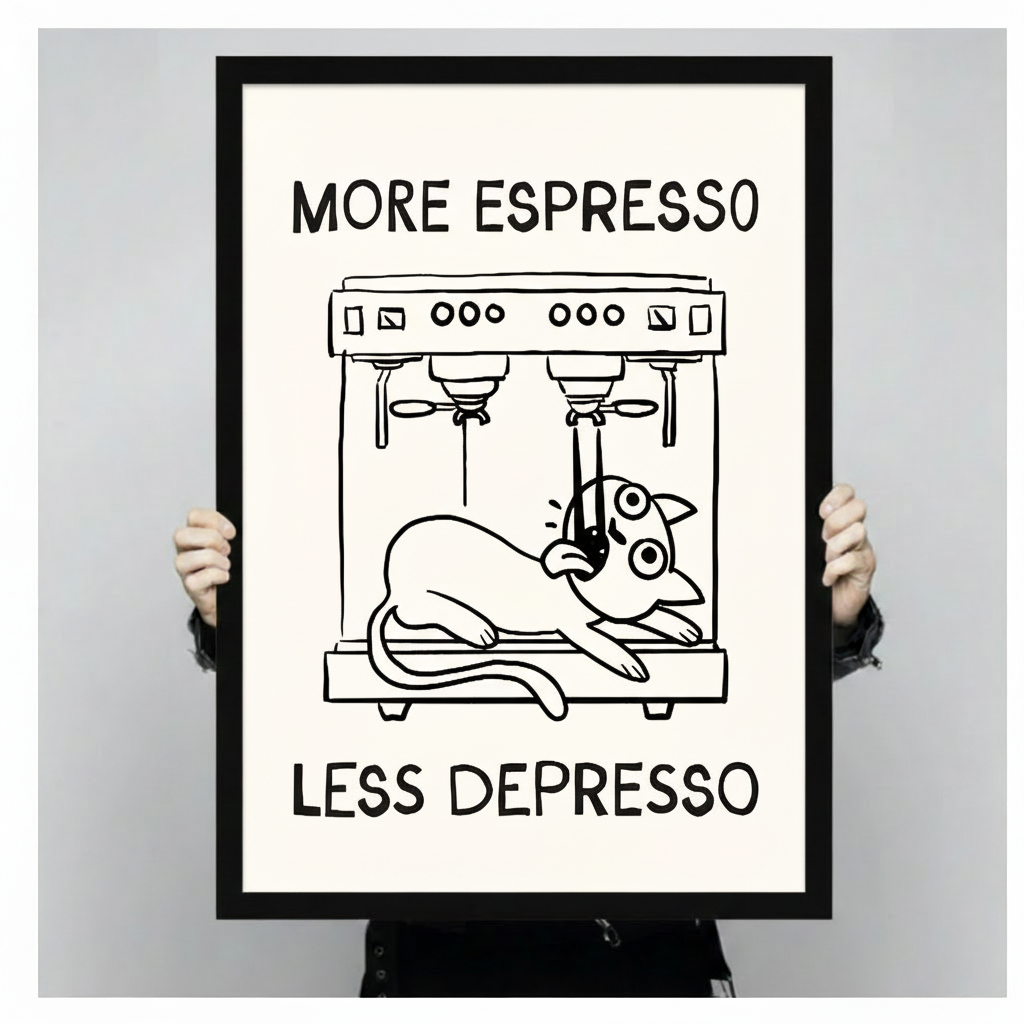 Person holding a large black framed More Espresso Less Depresso cat and coffee machine canvas art print showing print size scale and crisp black line illustration detail on cream background