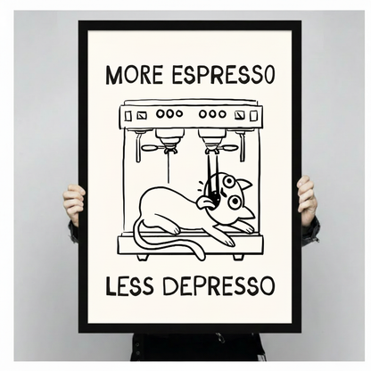 Person holding a large black framed More Espresso Less Depresso cat and coffee machine canvas art print showing print size scale and crisp black line illustration detail on cream background