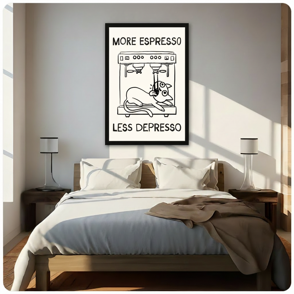 Framed More Espresso Less Depresso humorous cat canvas wall art with minimalist black line drawing on cream background hung above a wooden bed with white bedding in a sunlit bedroom