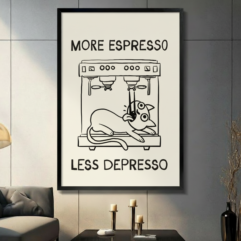 Framed More Espresso Less Depresso funny cat canvas wall art with bold black line illustration on cream background displayed on a dark grey wall in a modern living room