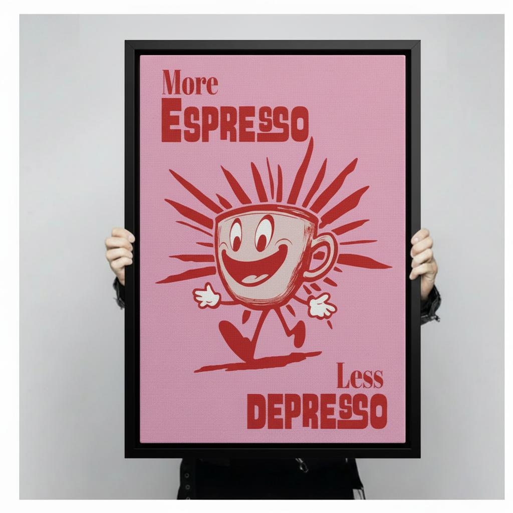 Person holding a large More Espresso Less Depresso framed art print showing full poster detail