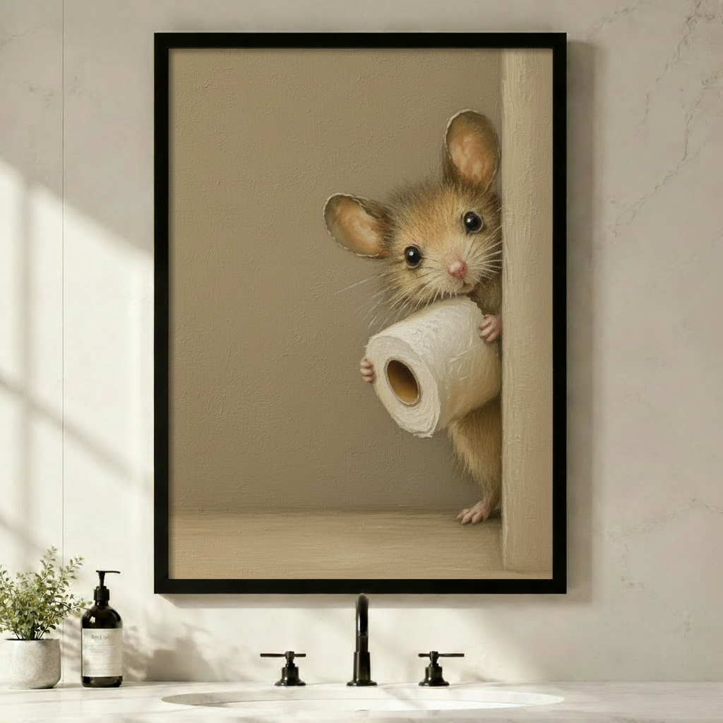 Soft realist oil painting of a fluffy golden brown mouse peeking around a door frame hugging a white toilet paper roll on a warm cream beige background cute funny mouse wall art framed print above a white marble bathroom sink with black faucet soap dispenser and small plant