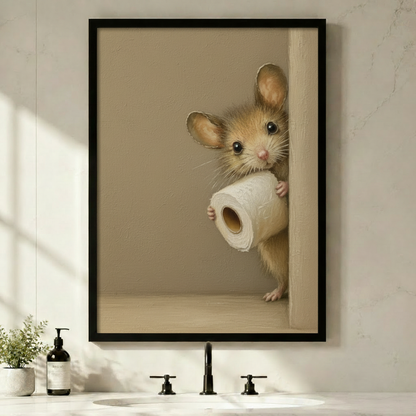 Soft realist oil painting of a fluffy golden brown mouse peeking around a door frame hugging a white toilet paper roll on a warm cream beige background cute funny mouse wall art framed print above a white marble bathroom sink with black faucet soap dispenser and small plant