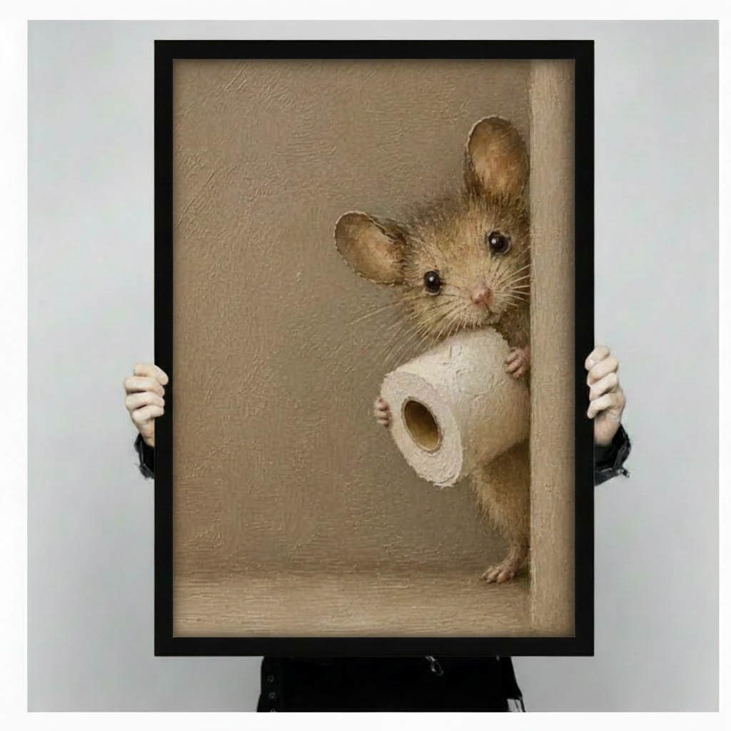 Hands holding a large black framed canvas art print of an adorable brown mouse clutching a toilet paper roll while peeking around a corner, humorous animal wall decor in warm beige oil painting style against a light gray backdrop