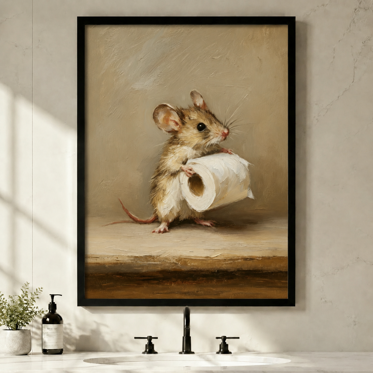 Framed wall art print of a mouse holding toilet paper, displayed in a modern bathroom with hanging plants and black faucet