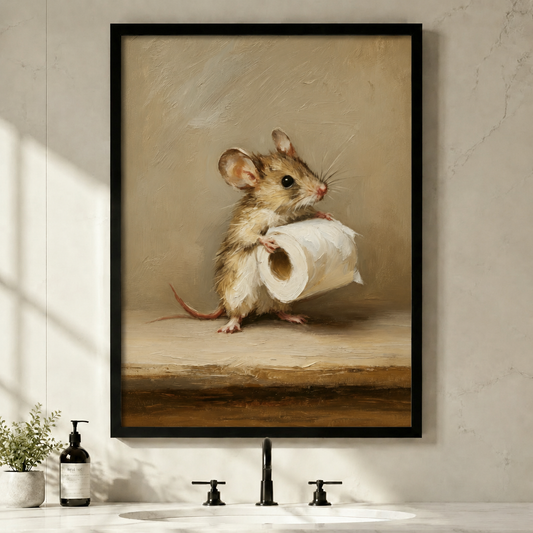 Framed wall art print of a mouse holding toilet paper, displayed in a modern bathroom with hanging plants and black faucet