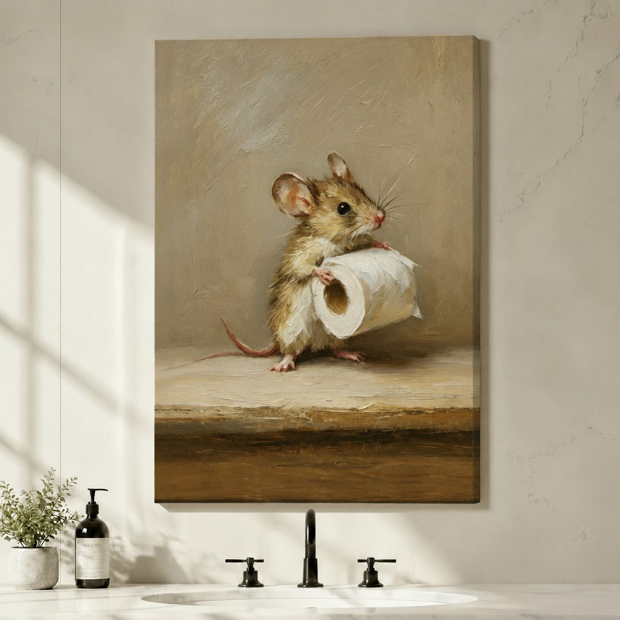 Unframed canvas wall art featuring a whimsical mouse clutching a toilet paper roll, styled in a neutral-toned bathroom setting