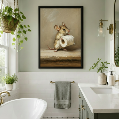 Framed vintage-style mouse toilet paper wall art displayed in a bright bathroom with a freestanding bathtub, hanging plants, and gold wall sconce