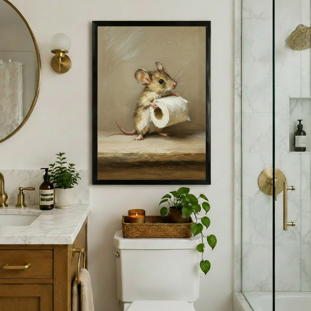 Black framed mouse with toilet paper wall art hung above a toilet in a luxury bathroom with gold fixtures and marble countertop
