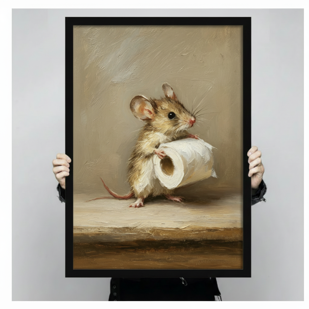Close-up of a framed oil painting print showing a detailed mouse holding a toilet paper roll, held by hands against a neutral background