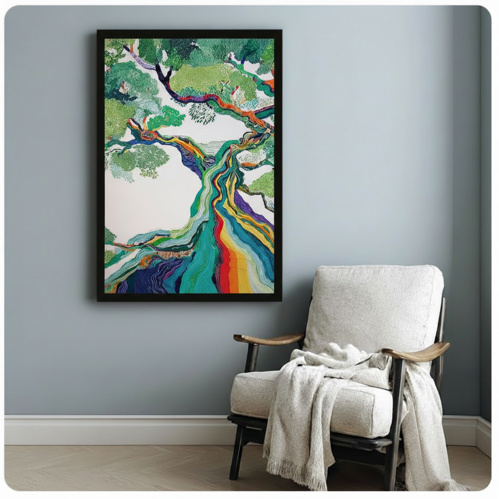 Multicolor tree poster in black frame on light blue wall beside white linen armchair