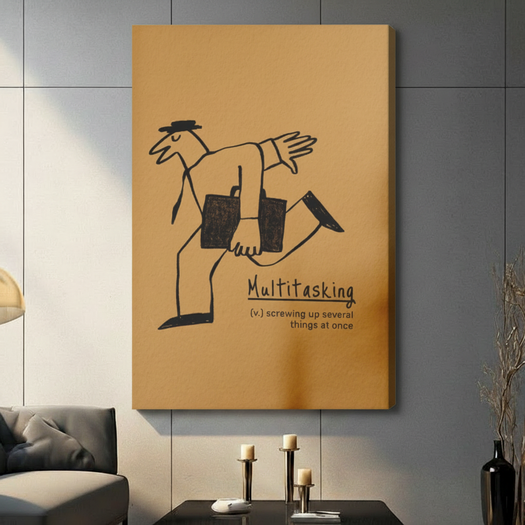 Multitasking humorous canvas print close-up in styled American living room — bold yellow line art wall decor next to white armchair