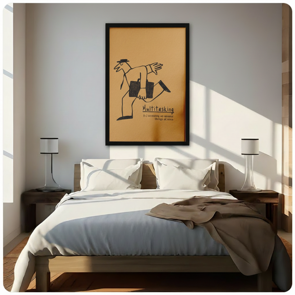 Witty multitasking definition framed art in warm bedroom dining setting — funny canvas wall decor with candle and table styling