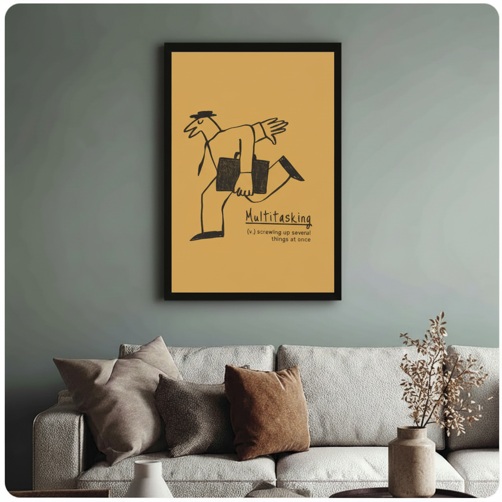 Humorous multitasking definition framed canvas print displayed in modern living room — prints side by side above gray sofa