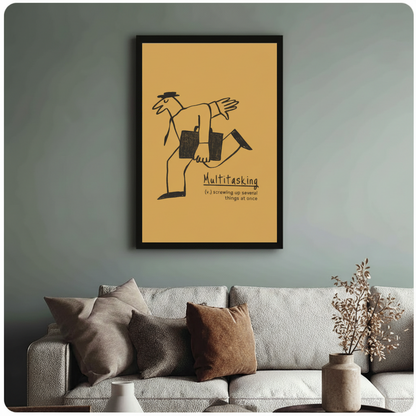Humorous multitasking definition framed canvas print displayed in modern living room — prints side by side above gray sofa
