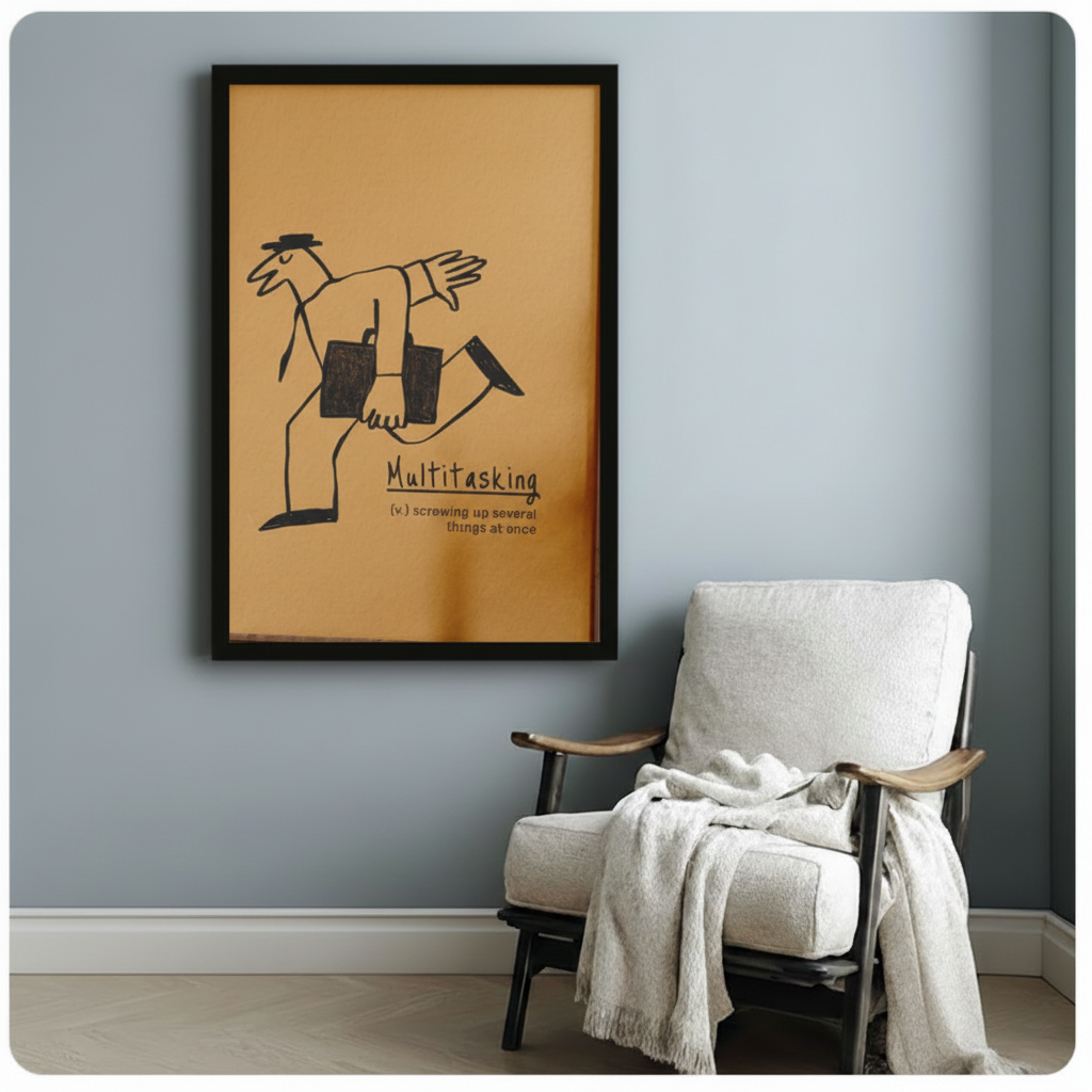 Multitasking humorous canvas print close-up in styled American living room — bold yellow line art wall decor next to white armchair