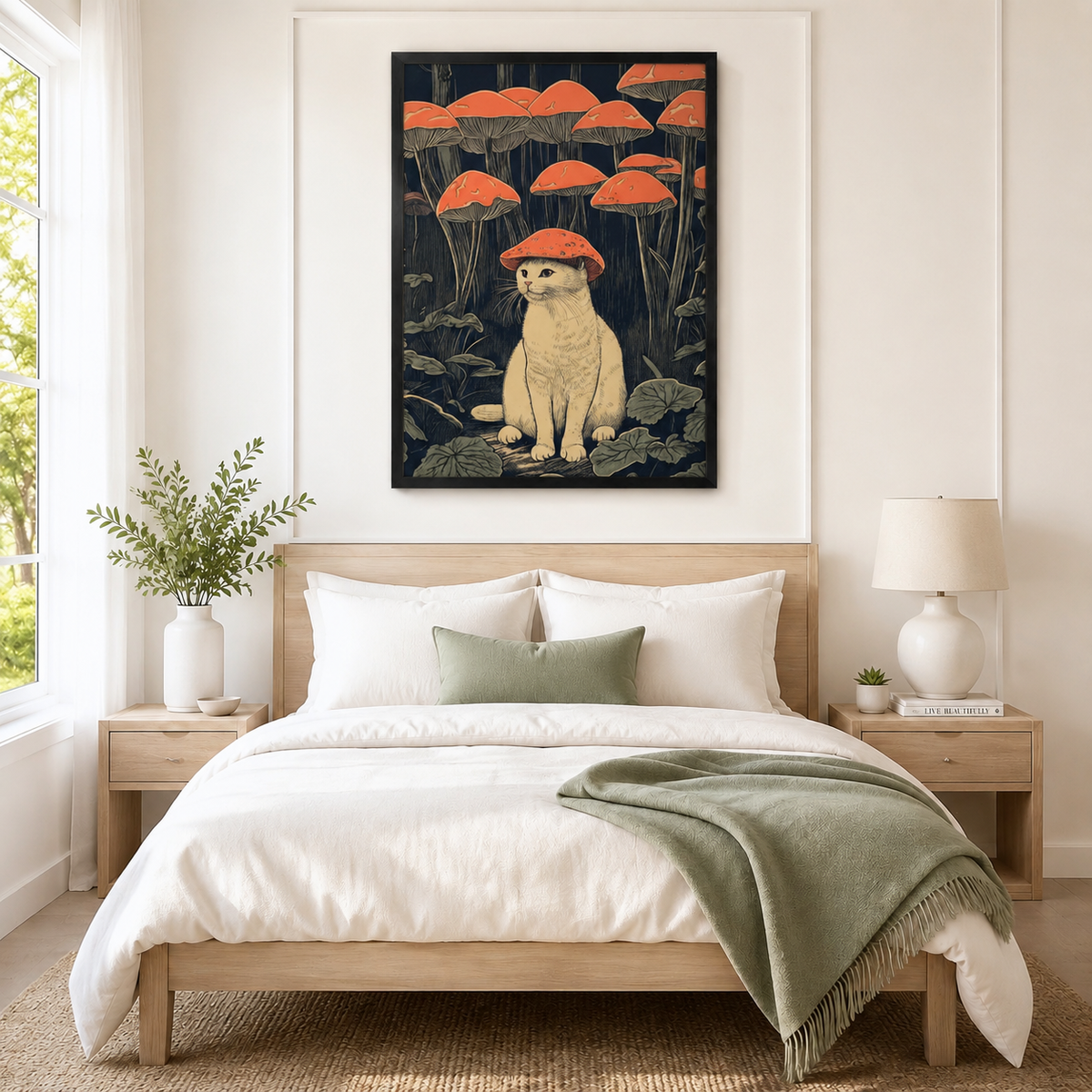 Mystical white cat with red mushroom hat dark forest framed canvas wall art hung above bed as a bold Japanese-inspired bedroom statement piece