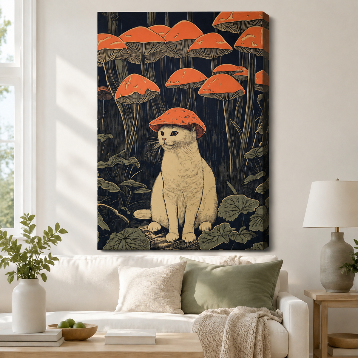 White cat wearing red mushroom hat Japanese woodblock style gallery wrap canvas art above white sofa in bright Scandinavian living room