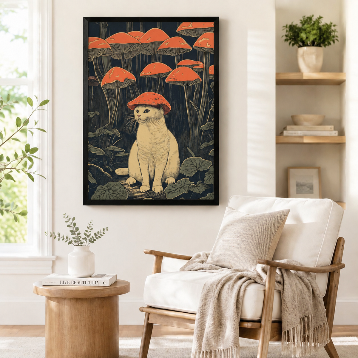 Whimsical white cat with orange mushroom cap ukiyo-e style framed wall art print beside linen armchair in cozy nature-inspired reading nook