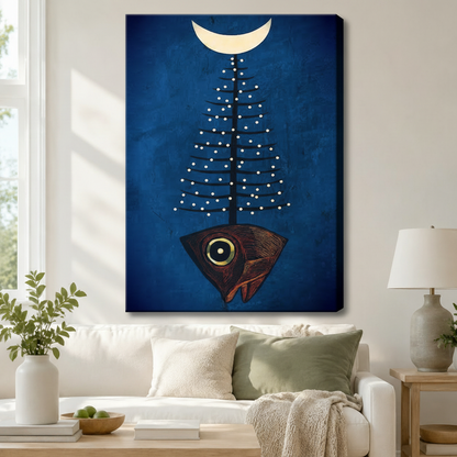 Stretched canvas mystic folk art fish pine tree moon wall art featuring a dark red fish with a gold eye sprouting a white-dotted pine tree beneath a cream crescent moon on a rich cobalt blue background, hung above a white sofa in a bright airy living room
