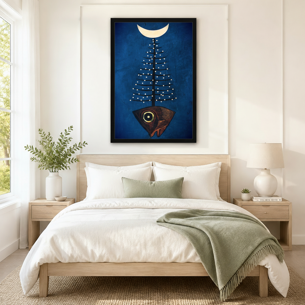 Black framed mystic folk art fish pine tree moon canvas art with a dark red fish head and gold eye growing a white dot-studded pine tree beneath a cream crescent moon on a rich cobalt blue background, hung above a light wood bed with white linen bedding and a sage green throw in a serene Scandinavian bedroom