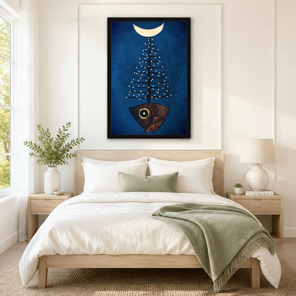 Black framed mystic folk art fish pine tree moon canvas art with a dark red fish head and gold eye growing a white dot-studded pine tree beneath a cream crescent moon on a rich cobalt blue background, hung above a light wood bed with white linen bedding and a sage green throw in a serene Scandinavian bedroom