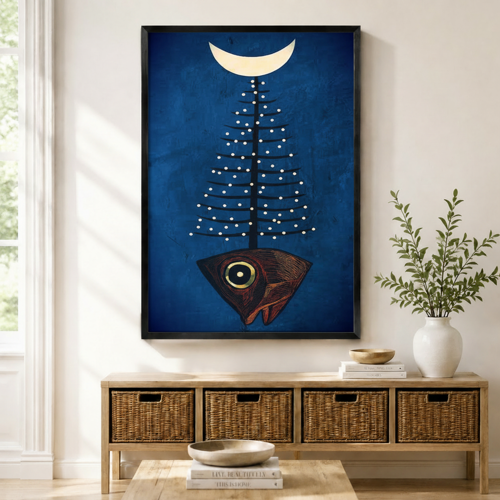 Black framed mystic folk art fish pine tree moon canvas art with a dark red fish head growing a white-dotted pine tree topped by a crescent moon on a deep cobalt blue background, displayed above a rattan storage console in a bright entryway