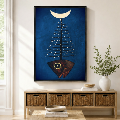 Black framed mystic folk art fish pine tree moon canvas art with a dark red fish head growing a white-dotted pine tree topped by a crescent moon on a deep cobalt blue background, displayed above a rattan storage console in a bright entryway