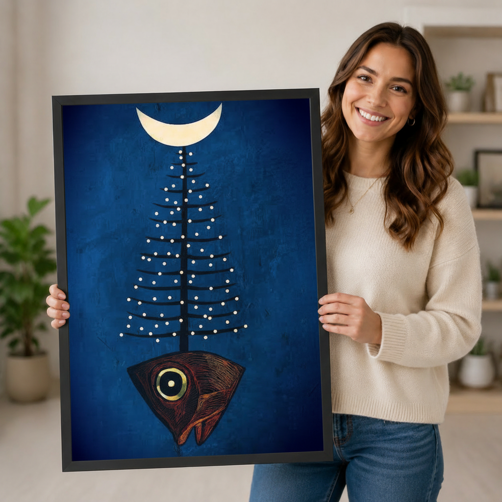 Smiling woman holding a large black framed mystic folk art fish pine tree moon canvas art print with a dark red fish sprouting a white-dotted pine tree topped by a cream crescent moon on a deep cobalt blue background