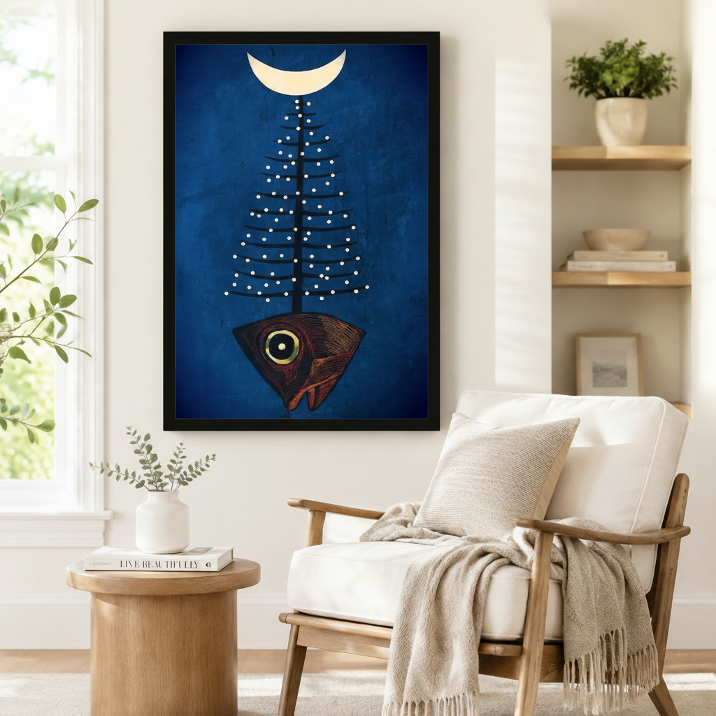 Black framed mystic folk art fish pine tree moon canvas art showing a dark red fish head with a gold eye growing a white dot-studded pine tree under a crescent moon on a deep blue background, displayed beside a white linen armchair in a cozy reading nook