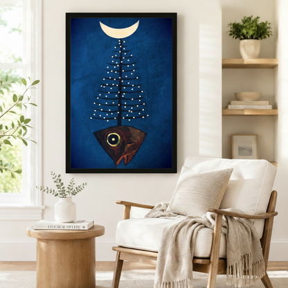 Black framed mystic folk art fish pine tree moon canvas art showing a dark red fish head with a gold eye growing a white dot-studded pine tree under a crescent moon on a deep blue background, displayed beside a white linen armchair in a cozy reading nook