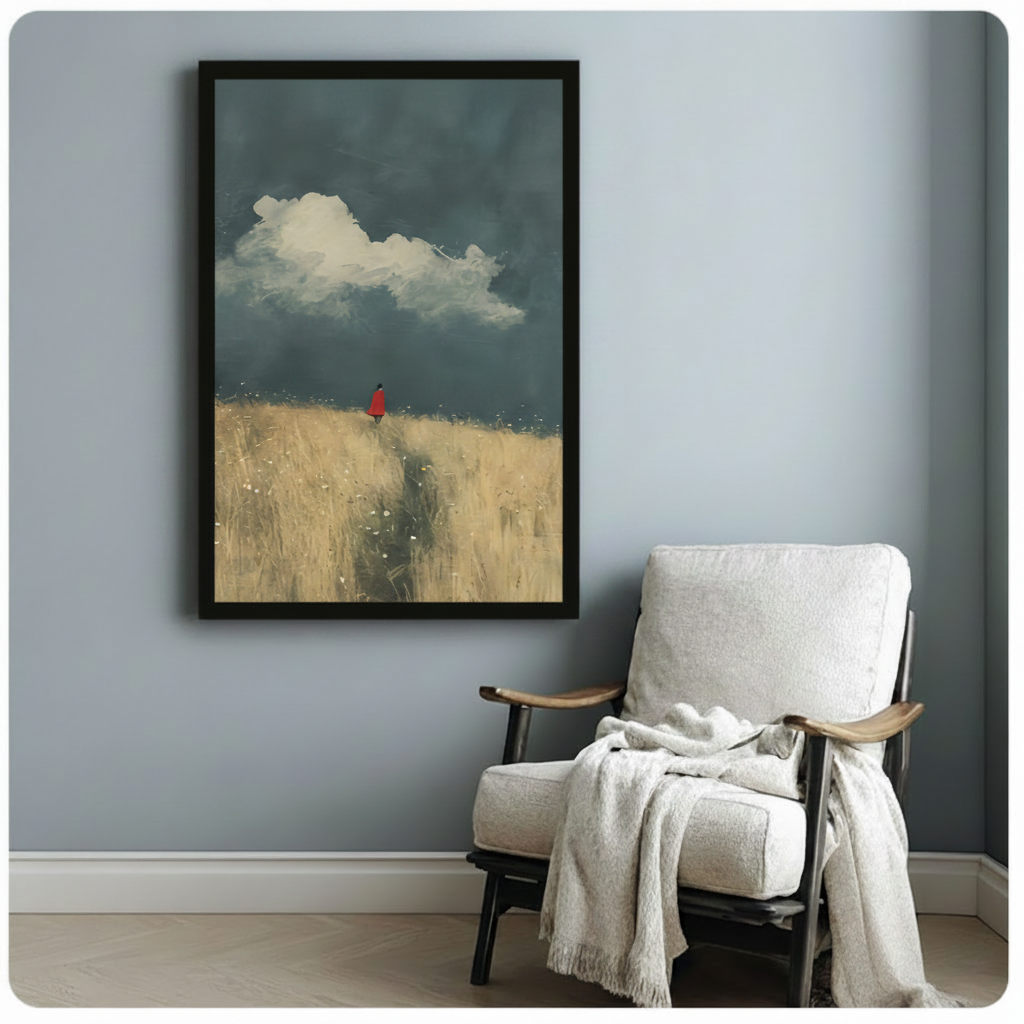 Black framed modern narrative oil painting small solitary figure in red coat at crest of golden grass field path beneath moody deep blue storm clouds and dramatic white cumulus canvas print on pale blue-grey wall beside white wood lounge chair with draped cream linen throw - evocative lone figure red cloak wheat field wall art for cozy reading corner decor