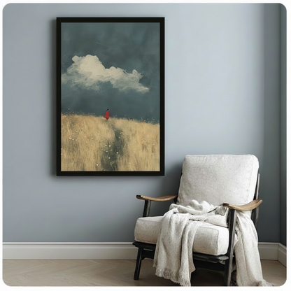 Black framed modern narrative oil painting small solitary figure in red coat at crest of golden grass field path beneath moody deep blue storm clouds and dramatic white cumulus canvas print on pale blue-grey wall beside white wood lounge chair with draped cream linen throw - evocative lone figure red cloak wheat field wall art for cozy reading corner decor