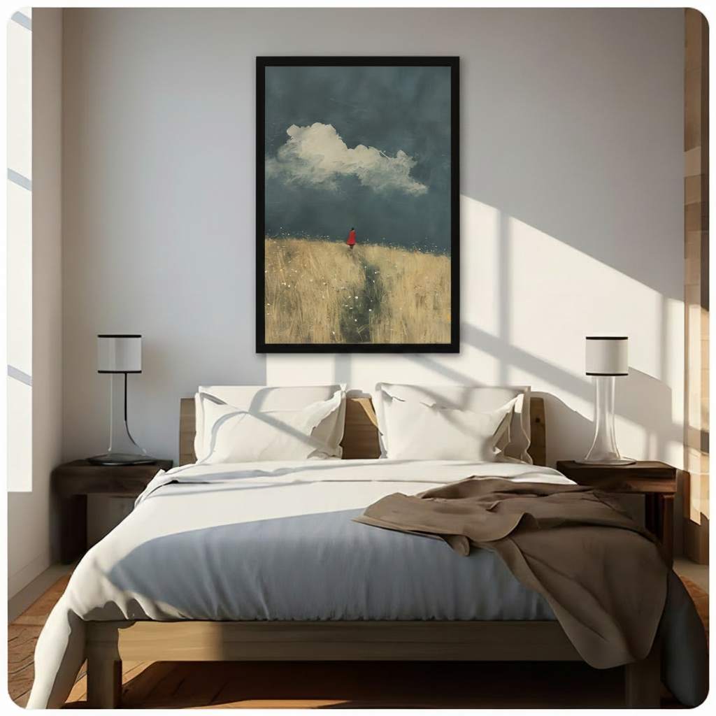 Framed modern narrative oil painting small solitary figure in red coat standing at crest of golden meadow path beneath moody deep blue storm clouds and dramatic white cumulus canvas print above dark walnut platform bed with white linen duvet in sunlit minimalist bedroom with twin slim cylindrical table lamps - evocative lone figure red cloak wheat field wall art for contemporary bedroom decor